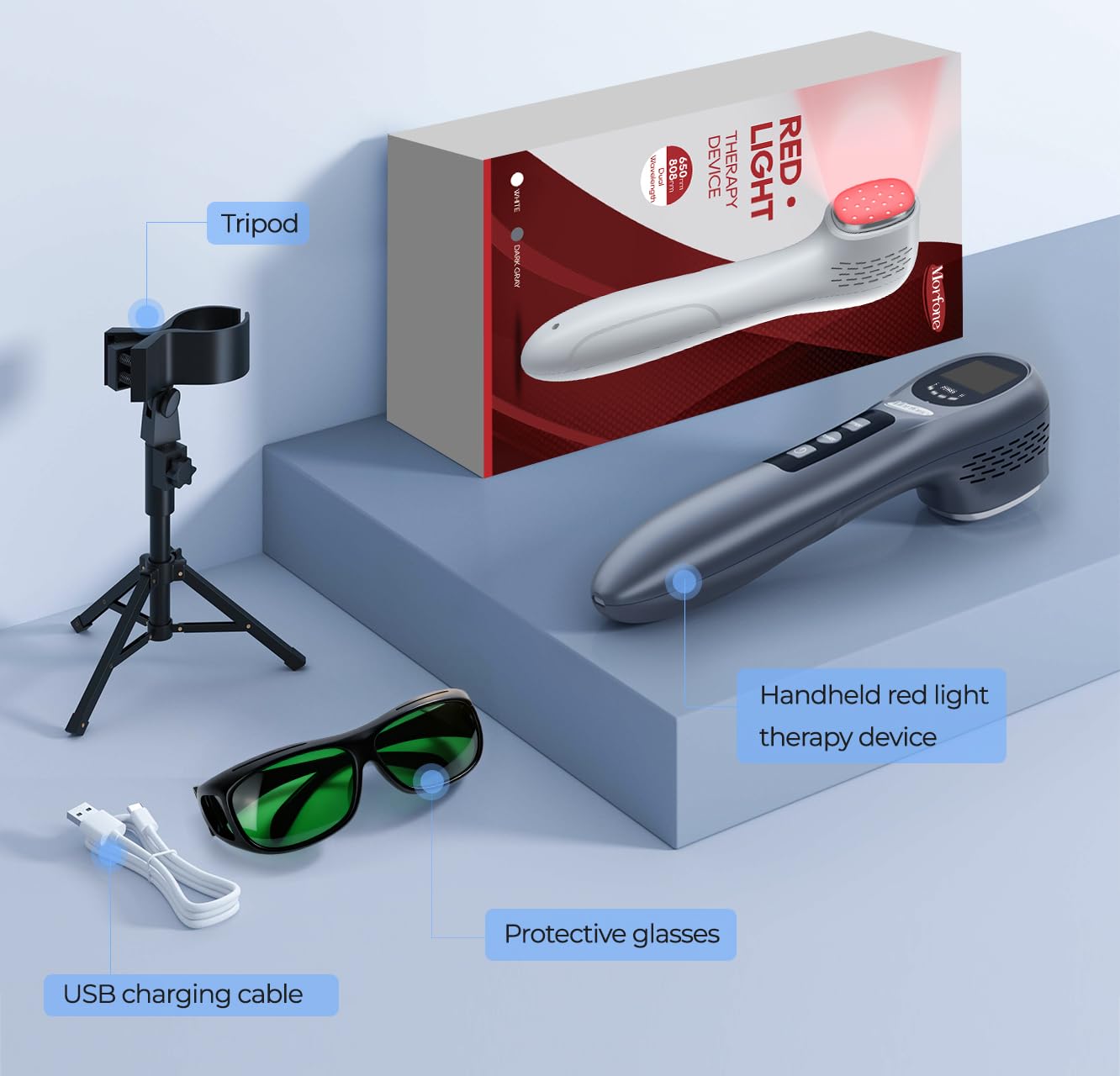 Morfone included goggles protect eyes during bright-light sessions.