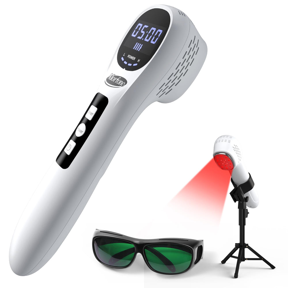 Morfone handheld red light therapy device for targeted relief during home sessions.