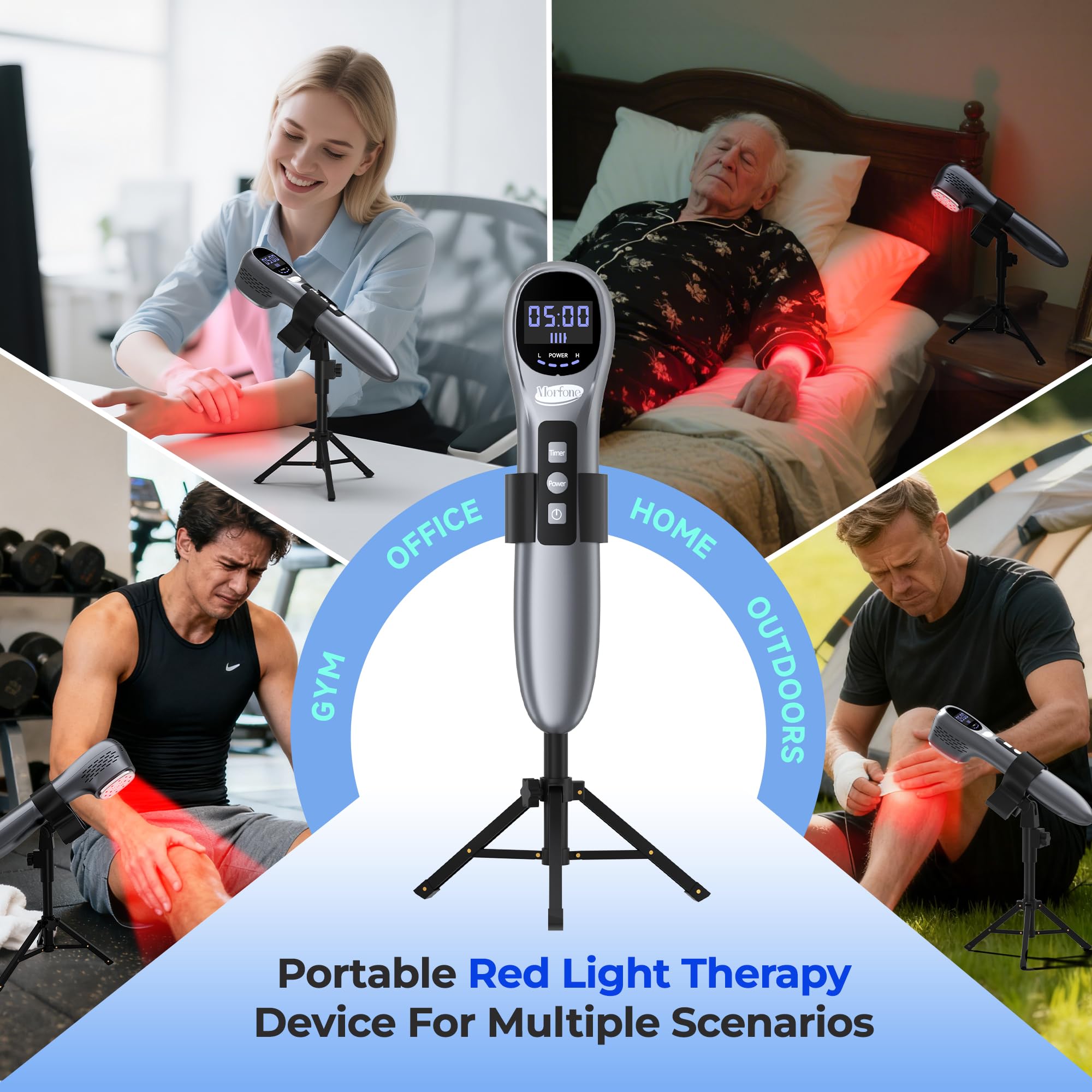 Morfone handheld with foldable stand for hands-free use during sessions.