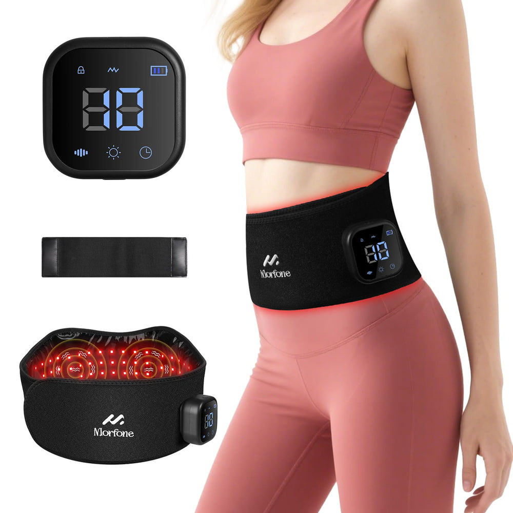 Morfone red light therapy belt worn for targeted back and shoulder relief.