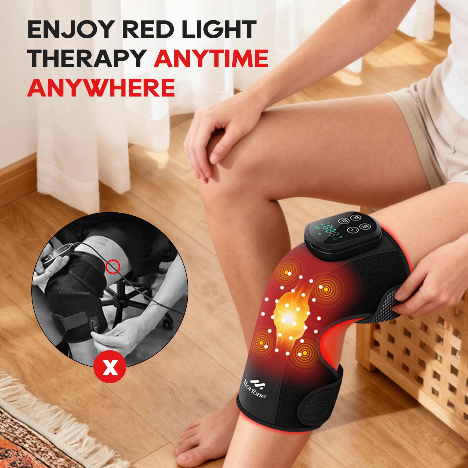 Morfone red-light therapy knee image focuses on visible 660nm light enhancing surface tissue circulation