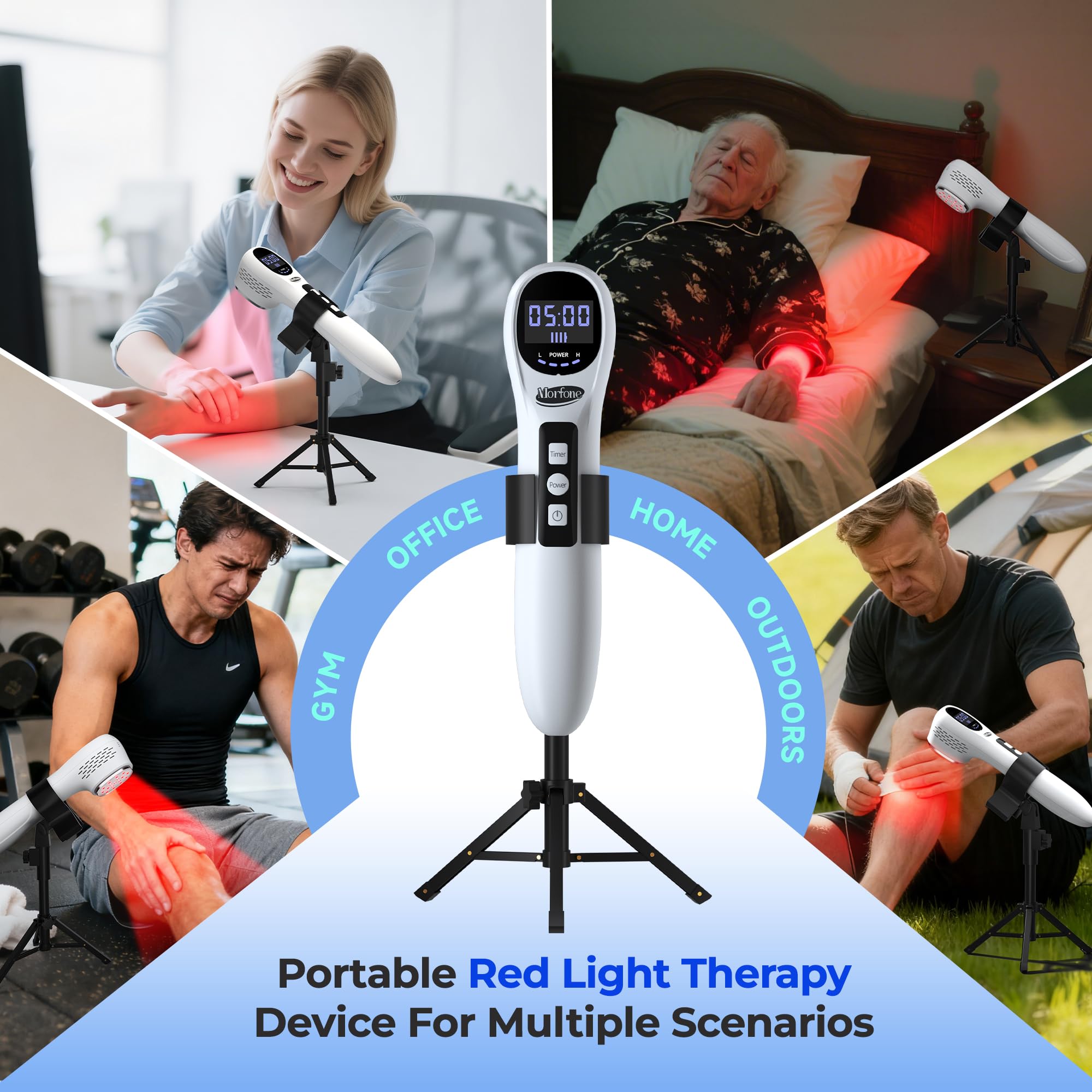 Morfone red light therapy stand enabling hands-free use for precise placement.