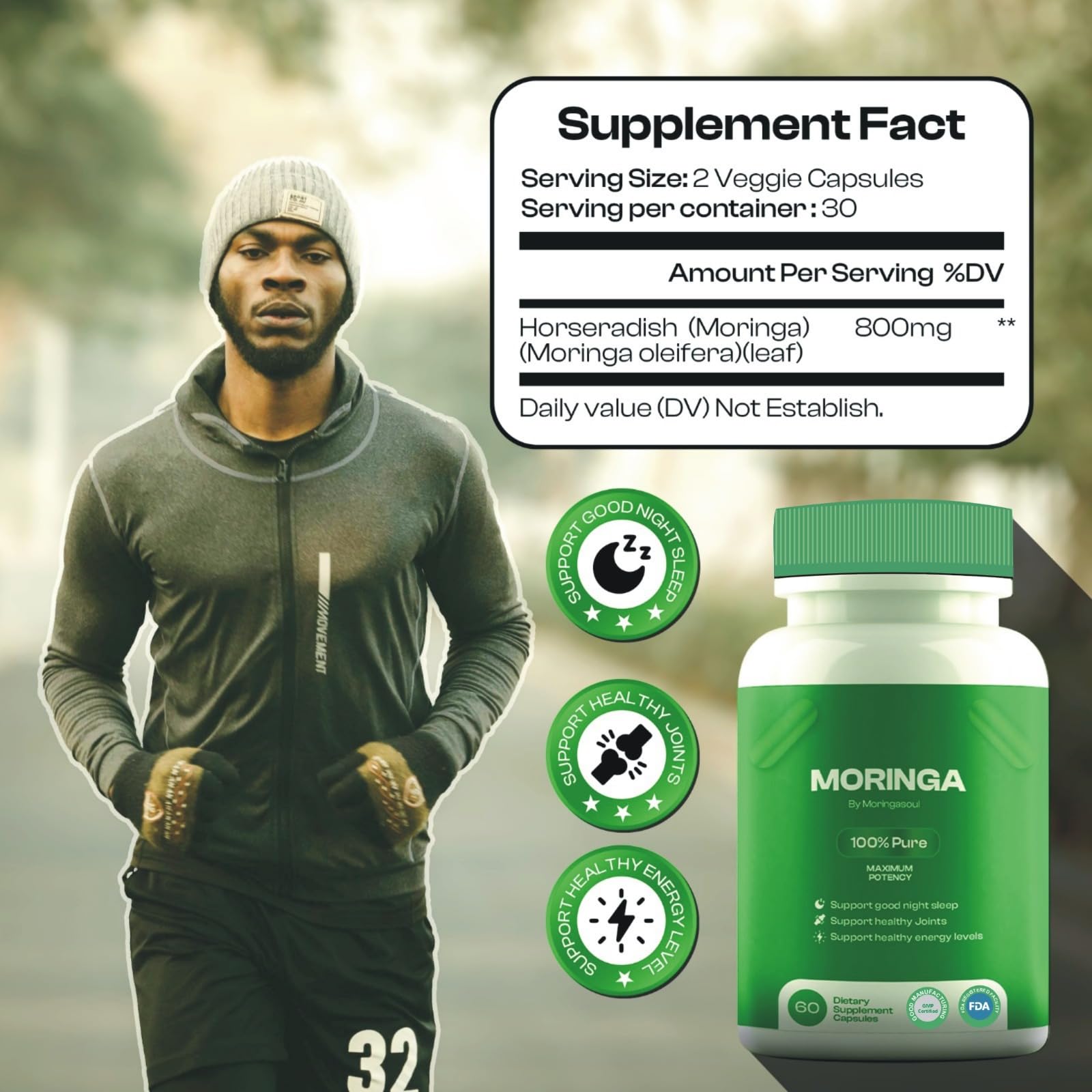 MoringaSoul capsules close-up showing clean vegan formula
