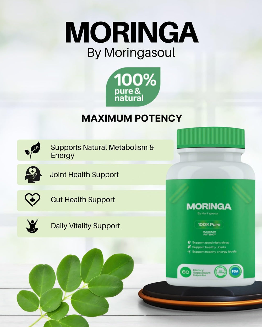 MoringaSoul capsules poured into a hand for easy dosing