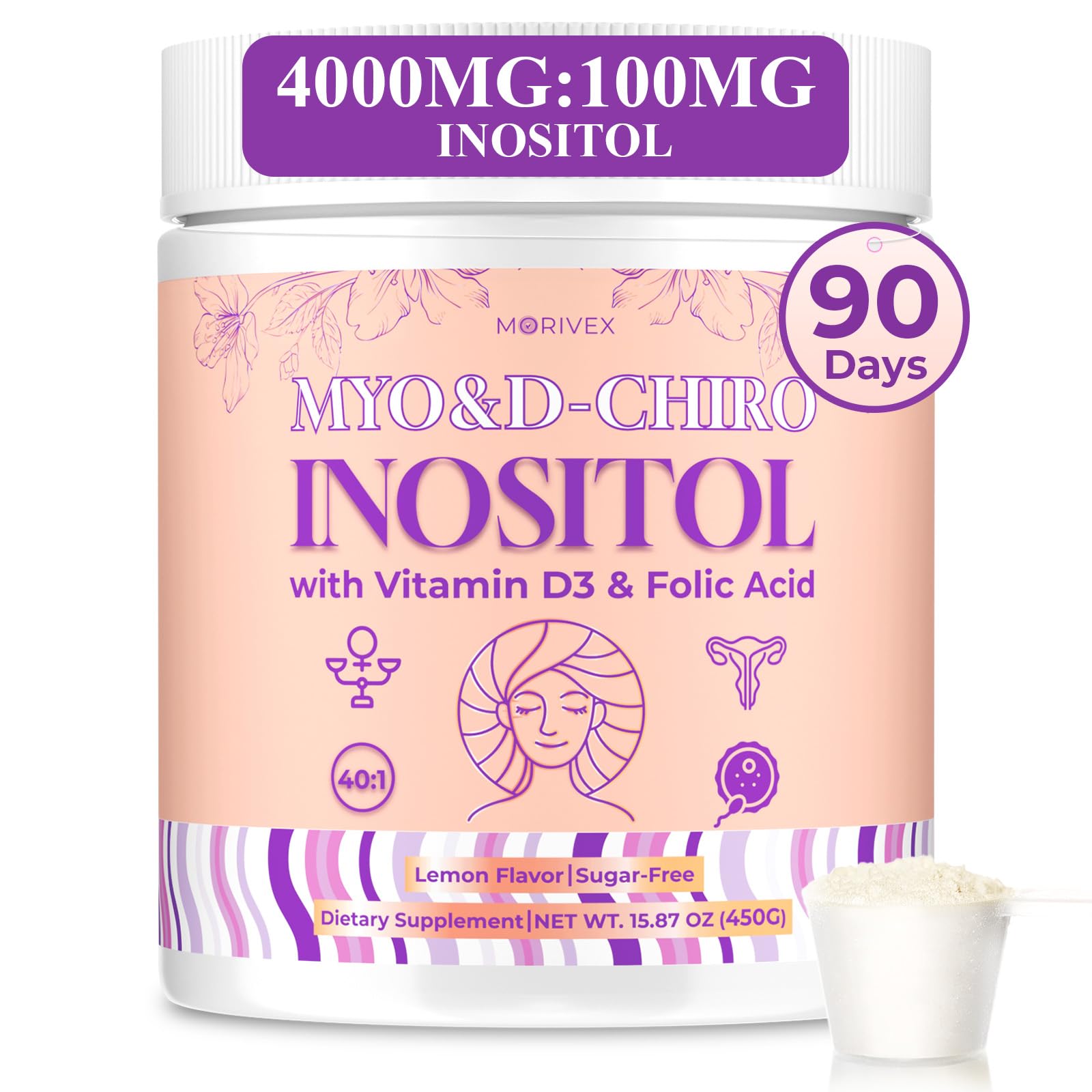 Morivex Myo-Inositol and D-Chiro Inositol bottle front showing high potency hormonal balance support