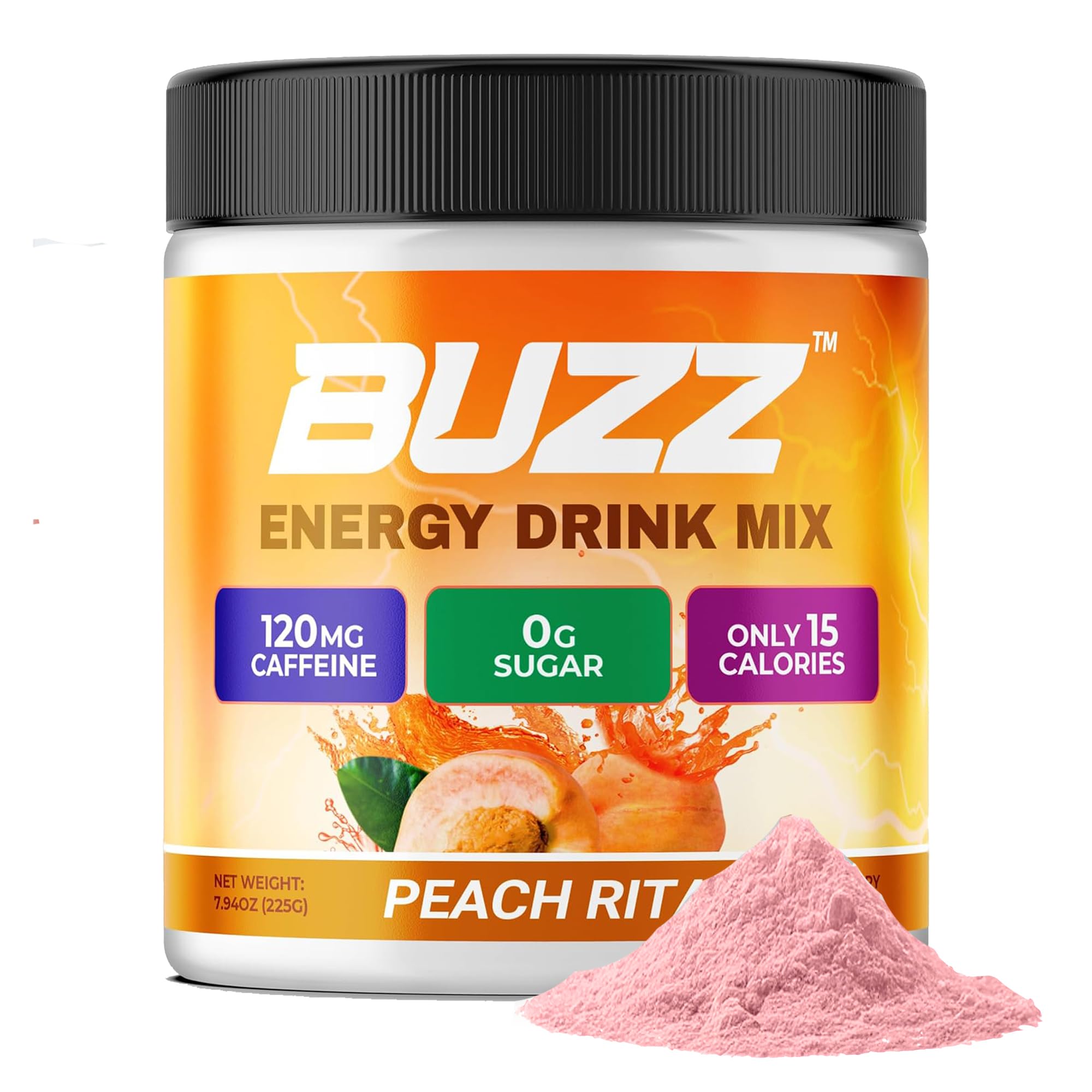 Morning Buzz Peach Rita label close-up for a tasty caffeine-boosting ritual.