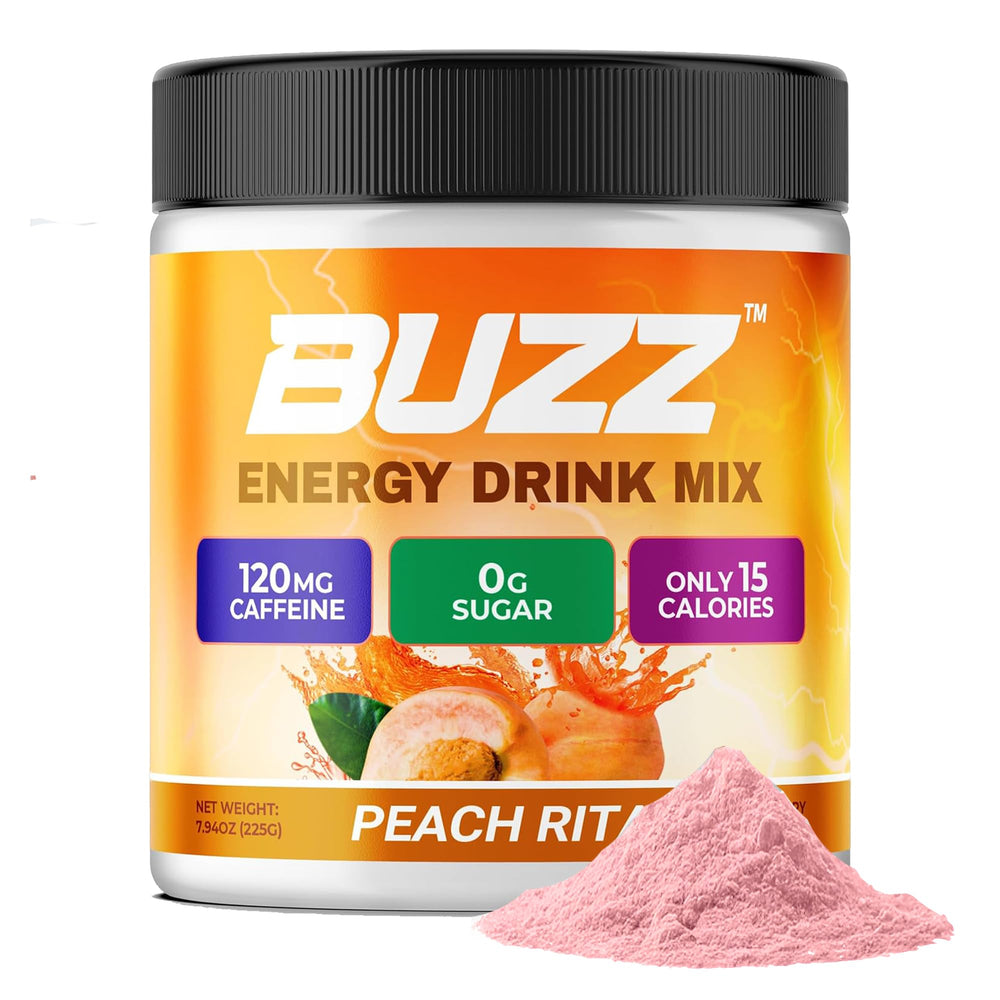 Morning Buzz Peach Rita label close-up for a tasty caffeine-boosting ritual.