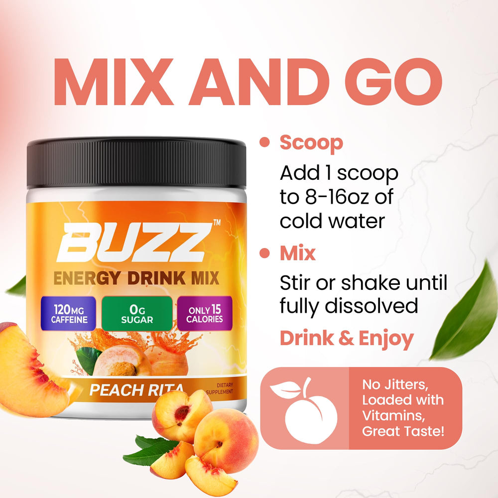 Morning Buzz Peach Rita packaging highlights sugar-free, antioxidant-rich formula.