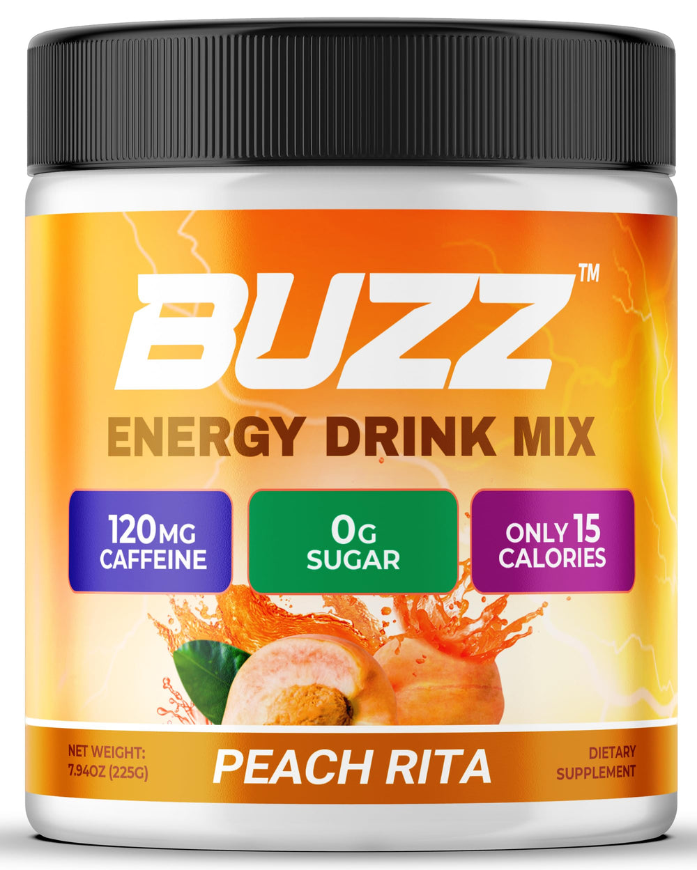 Morning Buzz energy drink powder Peach Rita tub ready for a quick morning boost.