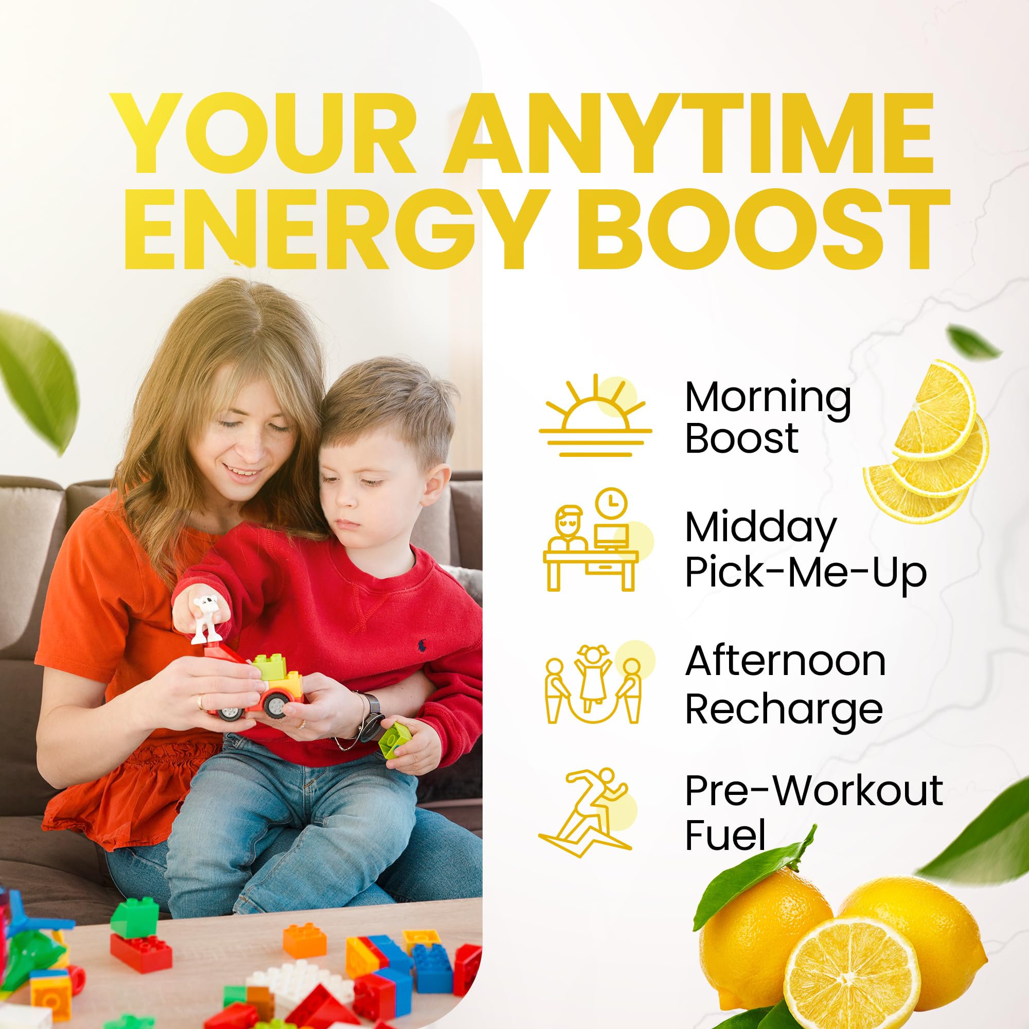 Morning Buzz Energy Powder Lemonade glass with refreshing, citrus-flavored drink