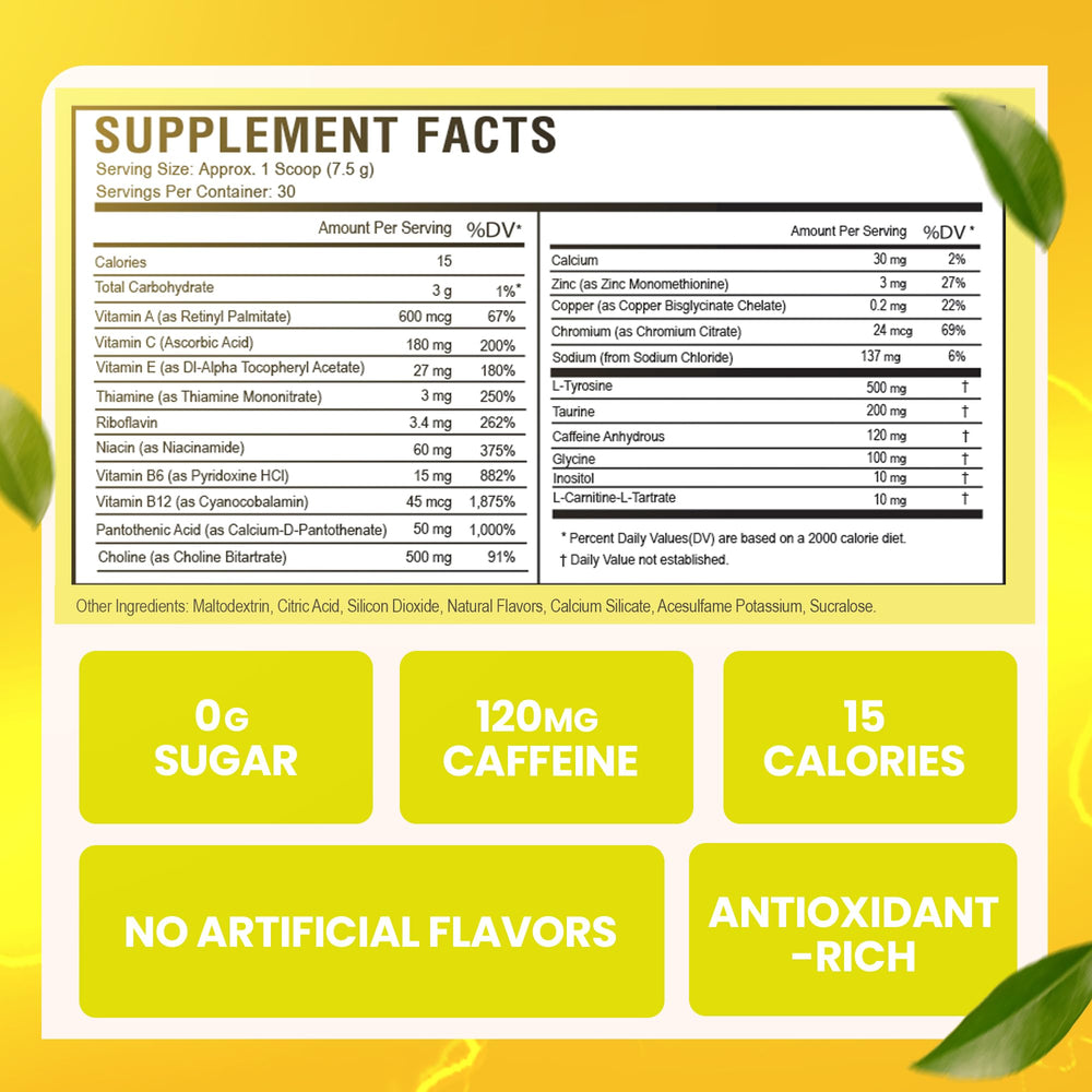 Morning Buzz Energy Powder Lemonade scoop showing quick, easy mixing