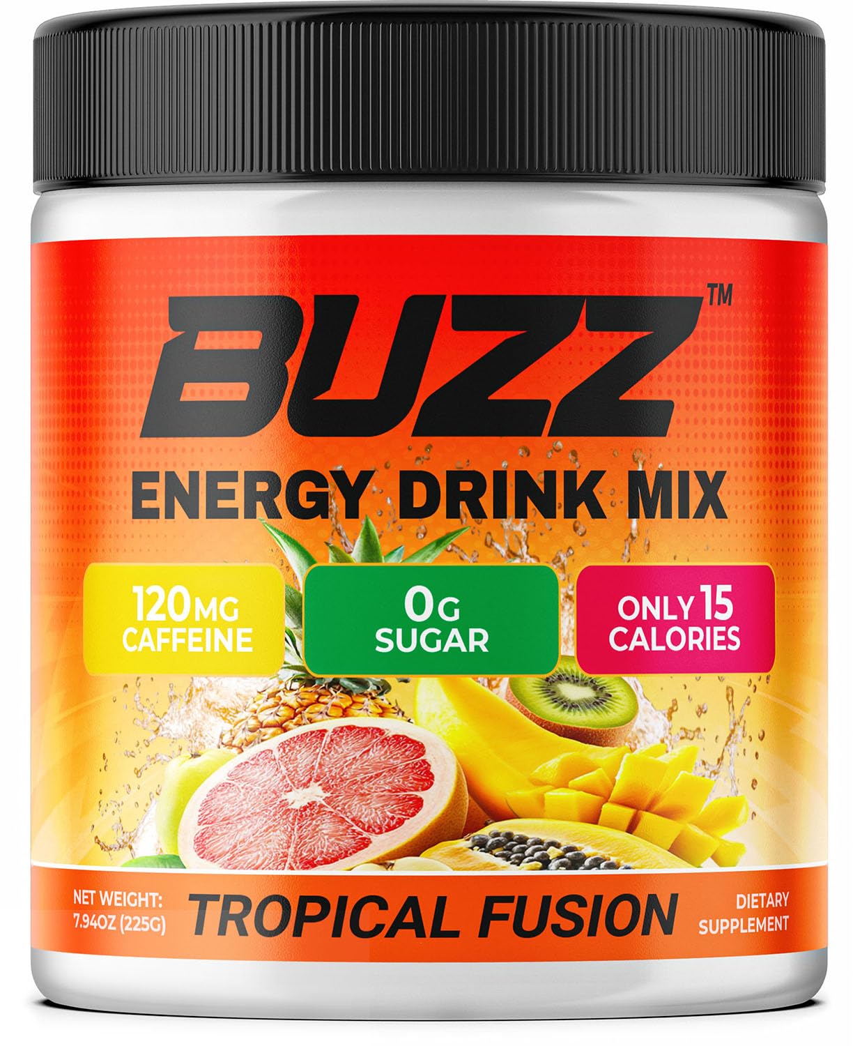 Morning Buzz energy powder Tropical Fusion bottle boosts morning motivation and focus.