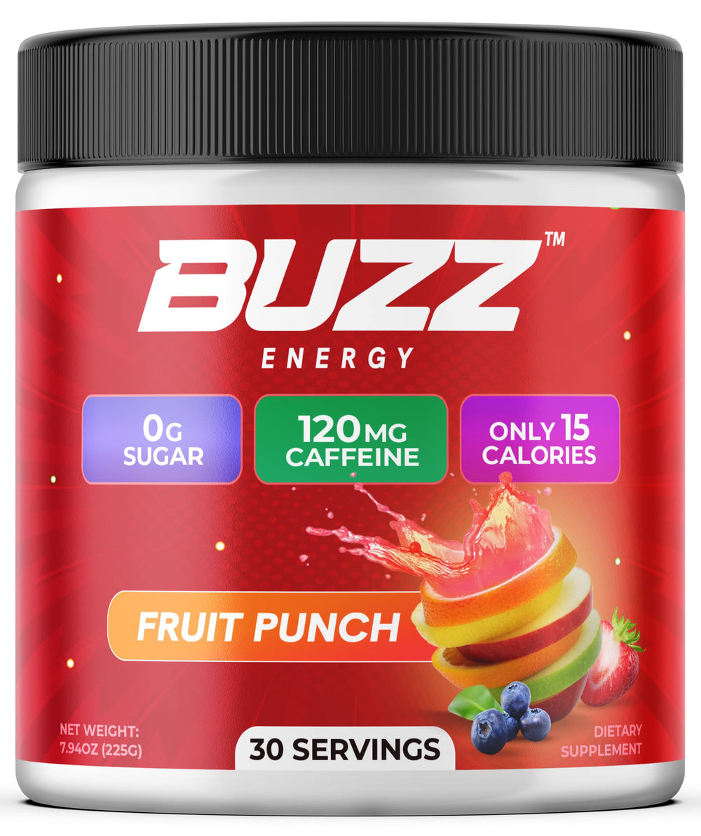 Morning Buzz energy powder tub front view highlighting clean energy and flavor