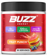 Morning Buzz energy powder tub front view highlighting clean energy and flavor