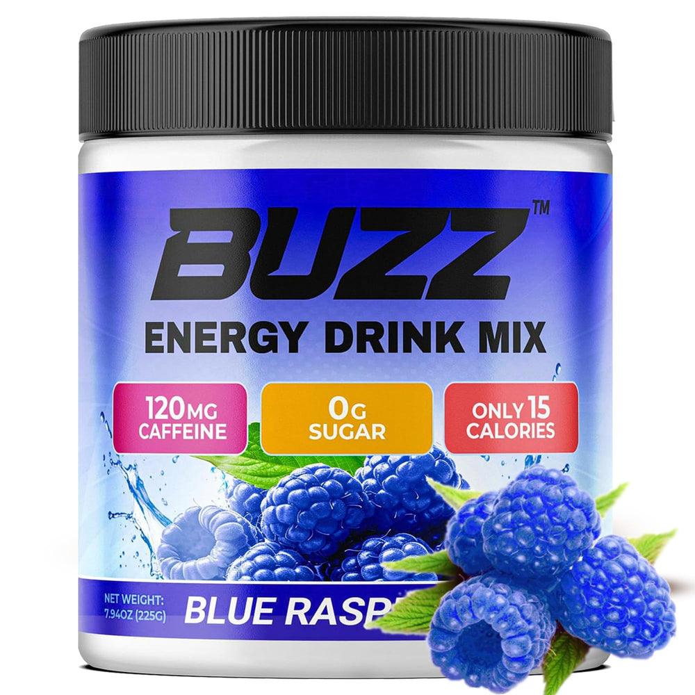 Morning Buzz blue raspberry drink in a glass ready for refreshing energy
