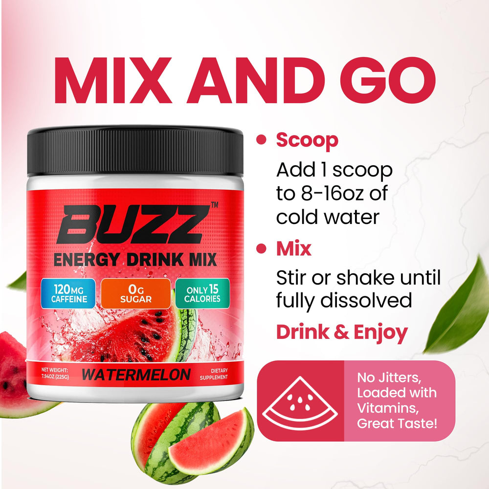Morning Buzz nutrition panel showcases 18 vitamins and minerals for daily energy support.