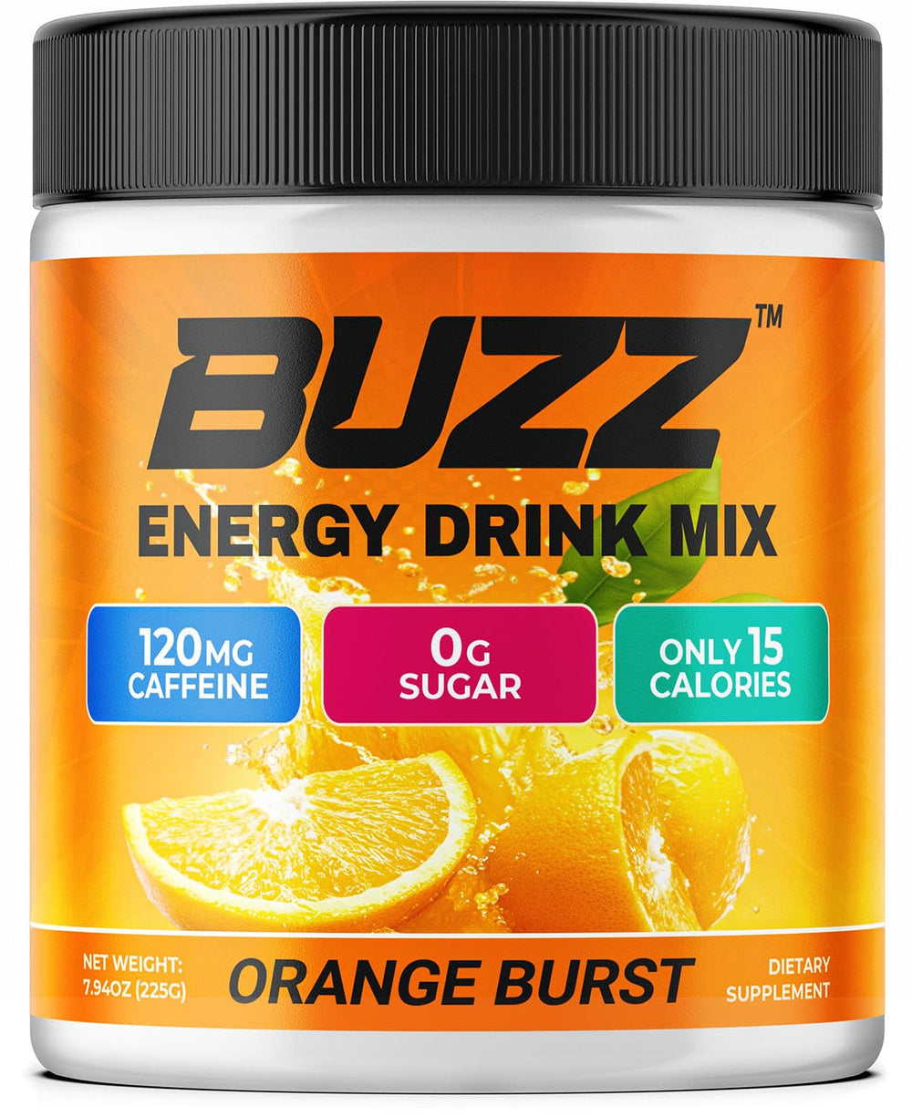Morning Buzz orange burst powder bottle for daily energy on the go.