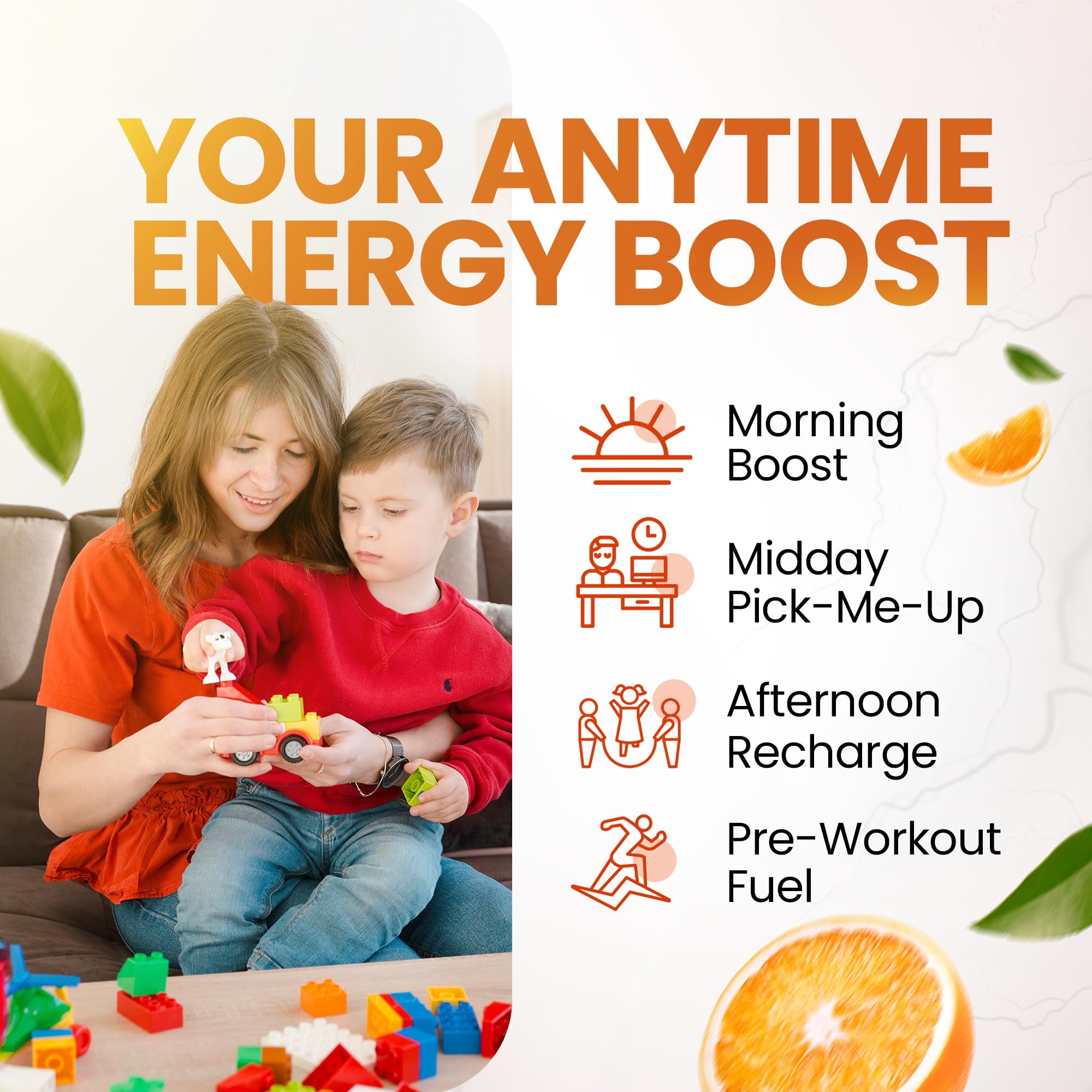 Morning Buzz orange drink mix bottle emphasizing convenient daily energy