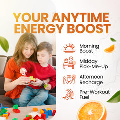 Morning Buzz orange drink mix bottle emphasizing convenient daily energy