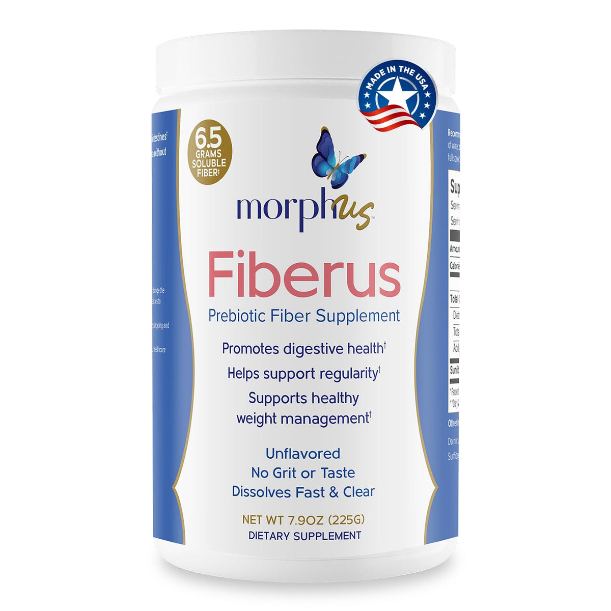 MORPHUS Fiberus bottle close-up showcases a flavorless daily fiber routine.