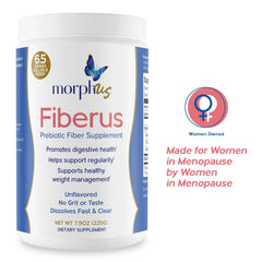 MORPHUS Fiberus scoop with label highlights plant-based prebiotic fiber.