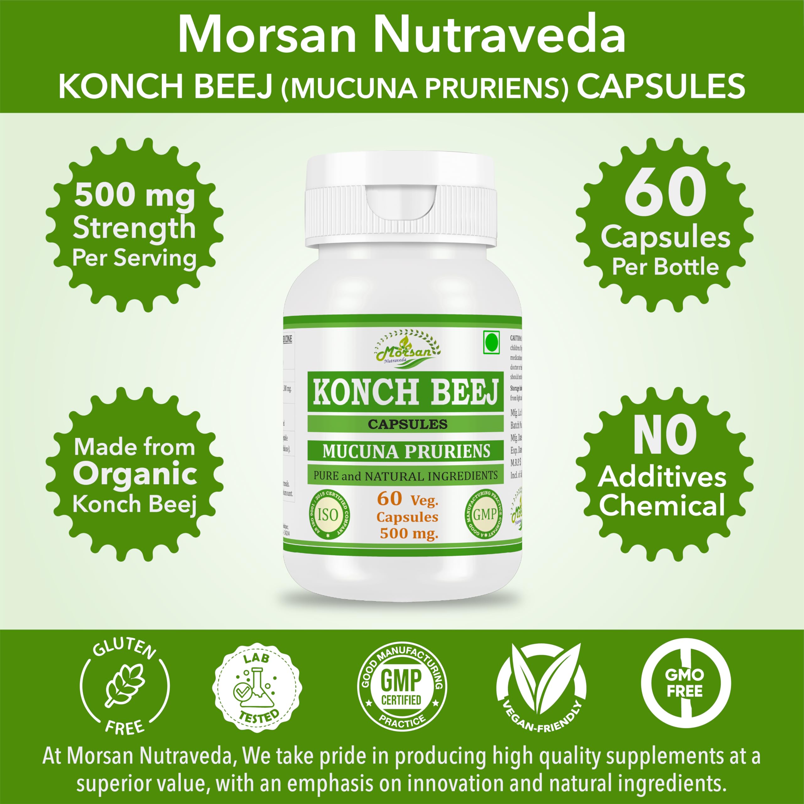 Vegan capsules from Morsan Nutraveda Kaunch Beej on clean surface
