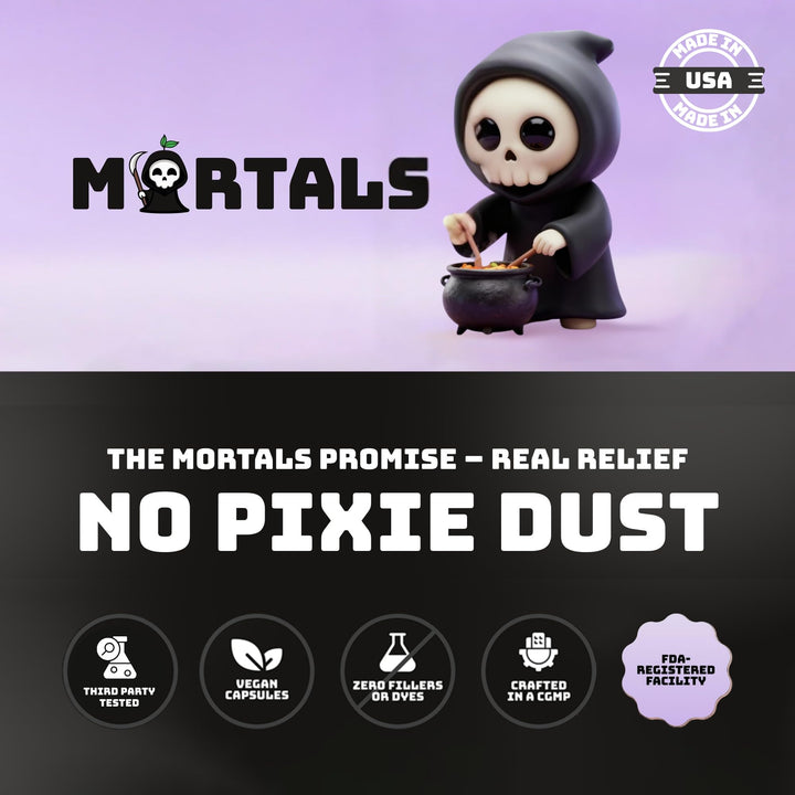 Mortals Mental Balance after-work relaxation scene with capsules.