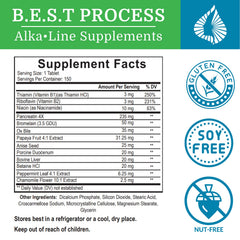 Ingredient table highlighting enzymes and herbs in the formula.