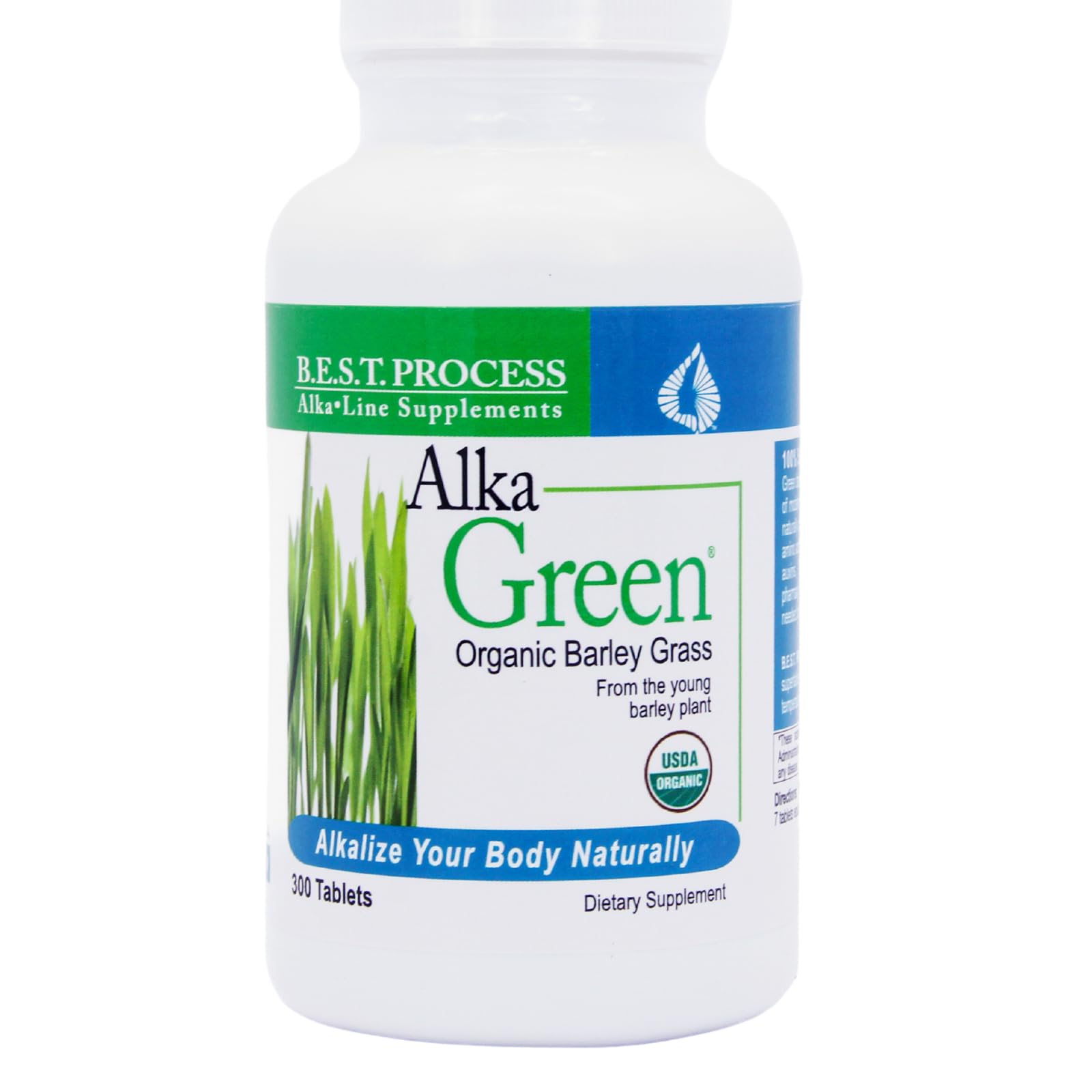 Morter HealthSystem AlkaGreen bottle front shows organic barley grass formula for daily support.
