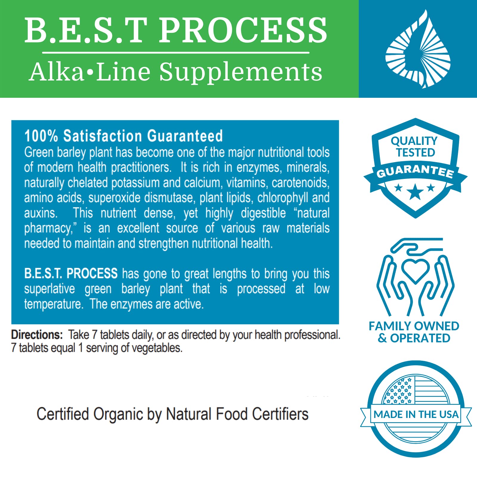 Morter HealthSystem AlkaGreen label highlights organic barley grass.