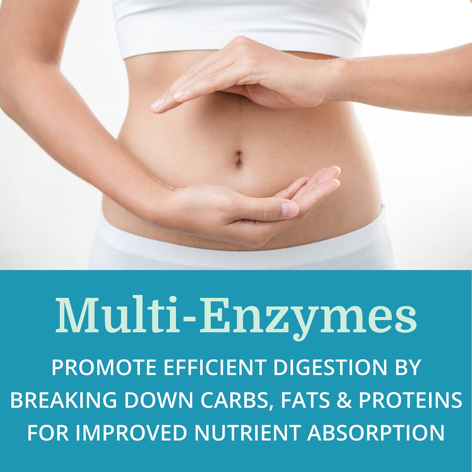 Morter HealthSystem SuperDigest digestive enzyme tablets illustrate multi-enzyme action for nutrient breakdown.