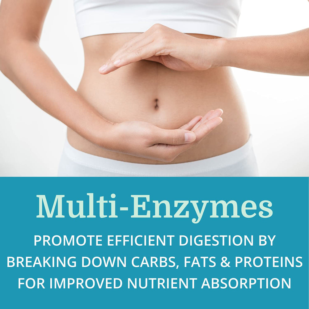 Morter HealthSystem SuperDigest digestive enzyme tablets illustrate multi-enzyme action for nutrient breakdown.