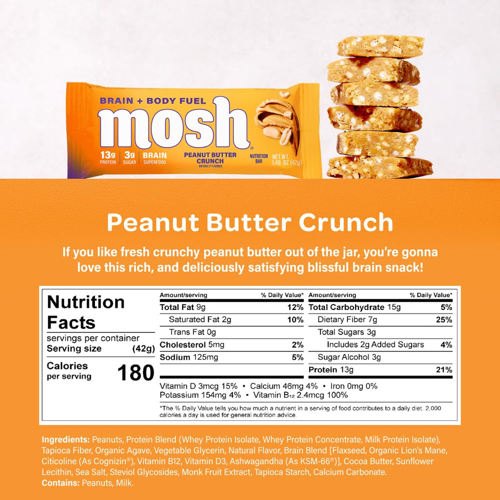 MOSH bar closeup hazelnut chocolate chip highlights indulgent flavor with wholesome ingredients.