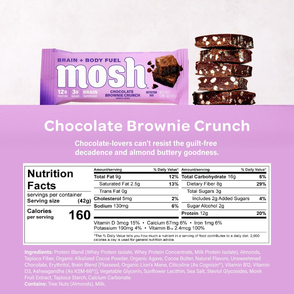 MOSH bar nutrition label highlights high protein and low sugar in a keto-friendly profile.