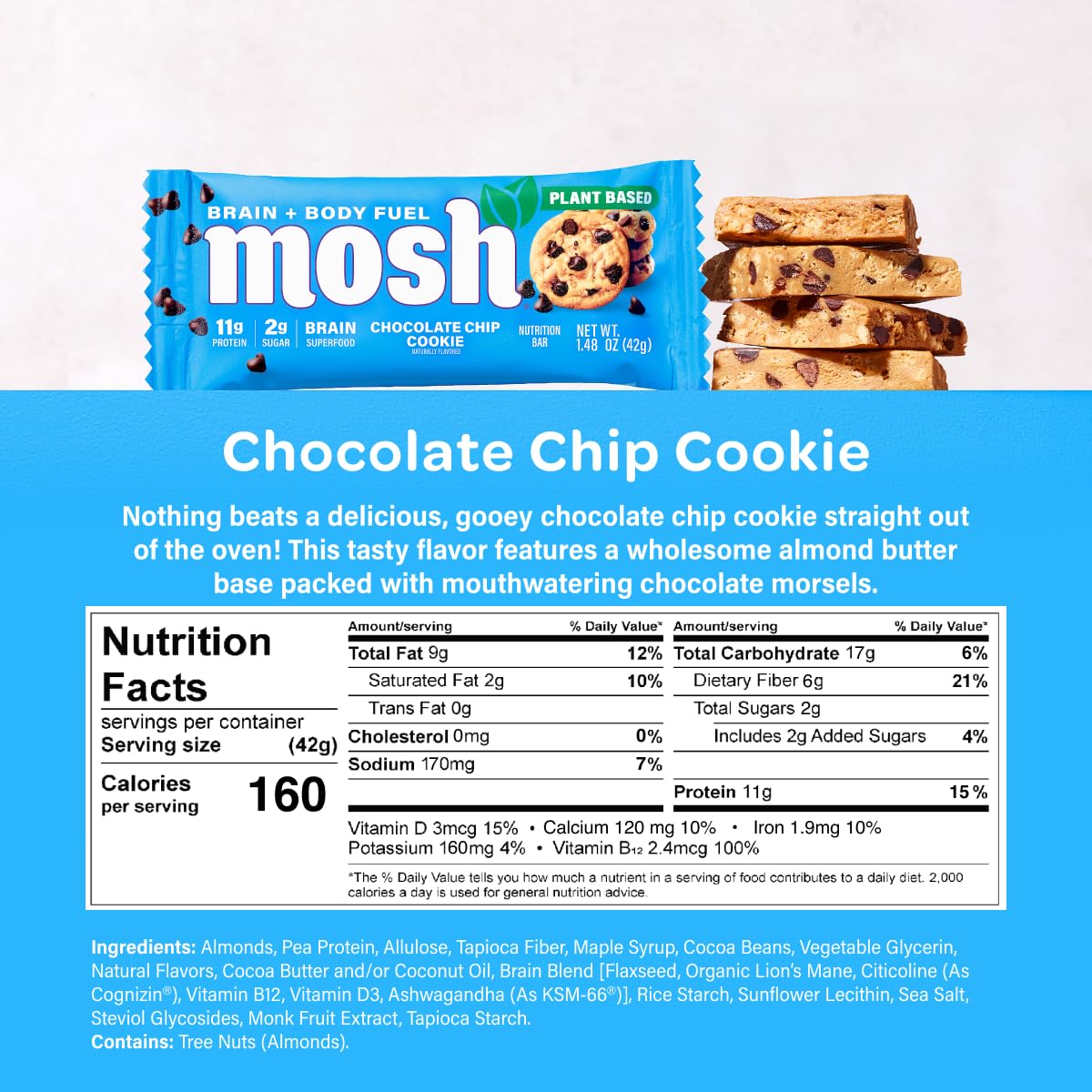 MOSH Chocolate Chip Cookie Bar close-up with chips highlighting bite-sized indulgence.