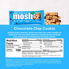 MOSH Chocolate Chip Cookie Bar close-up with chips highlighting bite-sized indulgence.