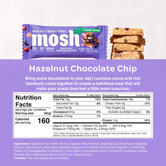 Close-up of chocolate chips and hazelnuts in a MOSH bar for daytime energy.