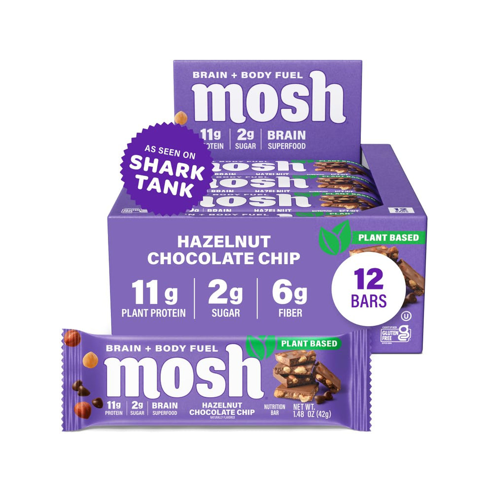 MOSH hazelnut chocolate chip vegan bar pack front for a brain-friendly snack.