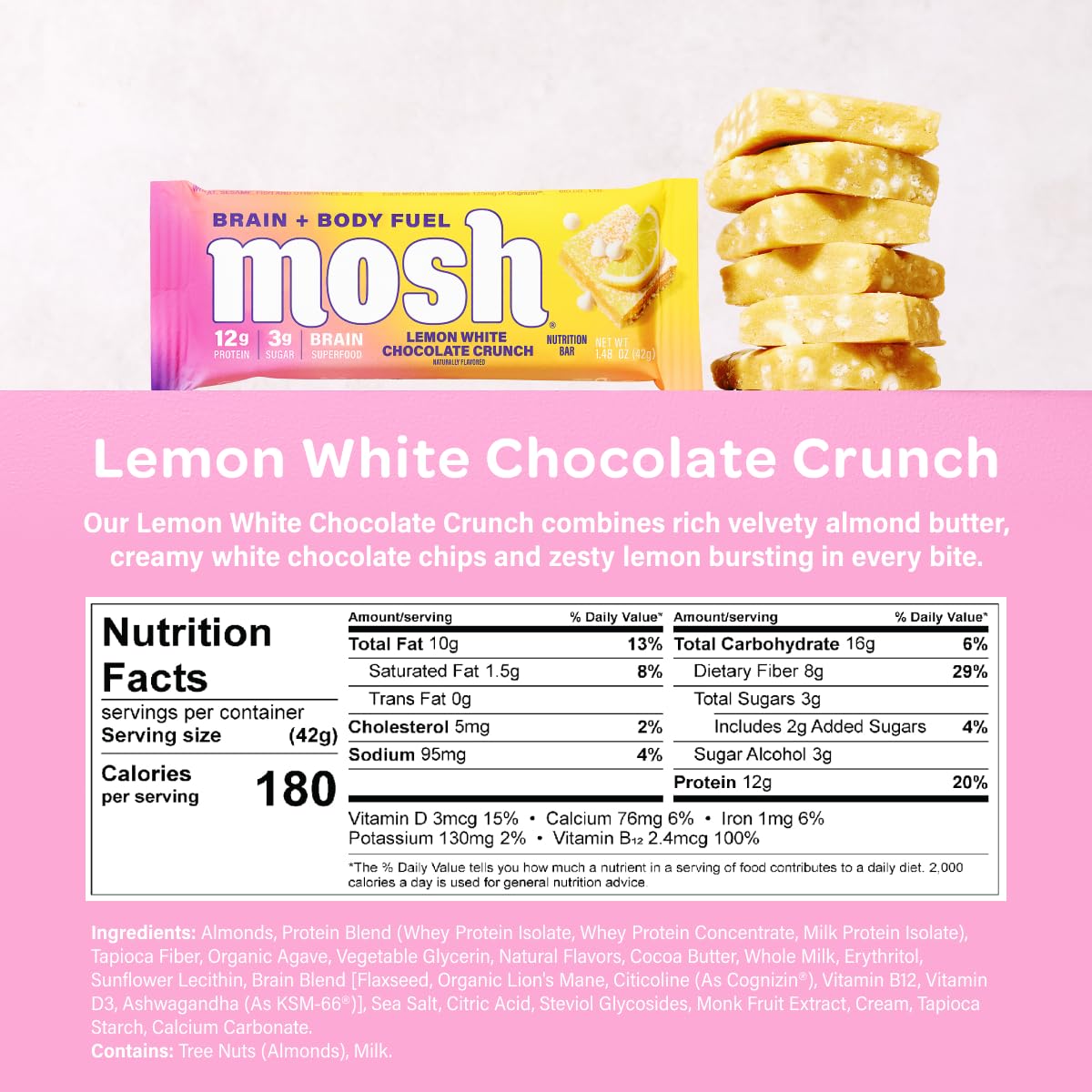 MOSH Lemon White Chocolate Keto Protein Bar close-up texture, protein-rich interior.