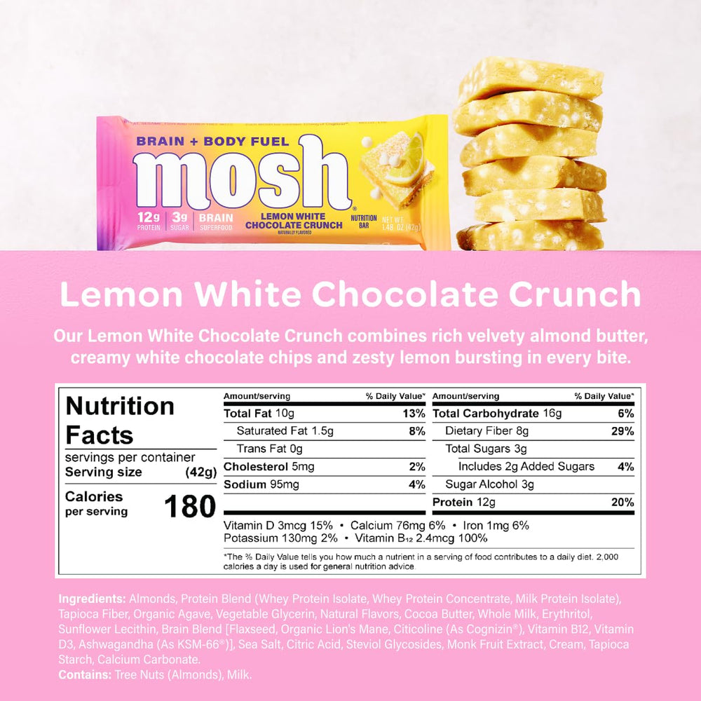 MOSH Lemon White Chocolate Keto Protein Bar close-up texture, protein-rich interior.