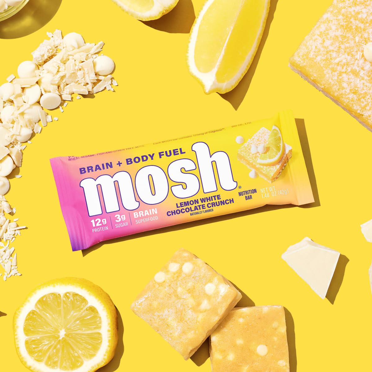 MOSH Lemon White Chocolate Keto Protein Bar stack, convenient multi-pack for workouts.