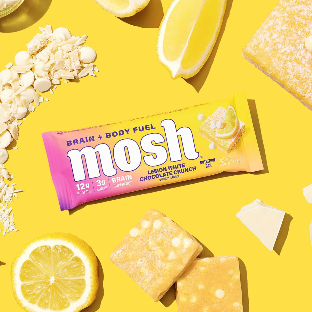 MOSH Lemon White Chocolate Keto Protein Bar stack, convenient multi-pack for workouts.