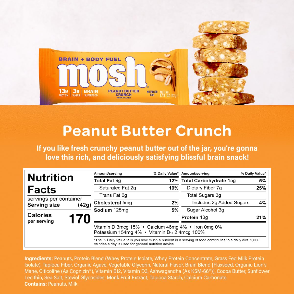 MOSH Peanut Butter Crunch Bar ingredients with nuts and chips for brain-friendly fuel