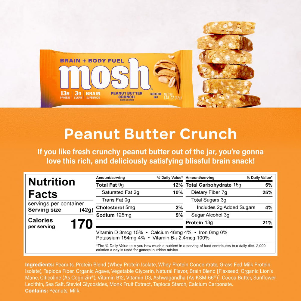 MOSH Peanut Butter Crunch Bar ingredients with nuts and chips for brain-friendly fuel