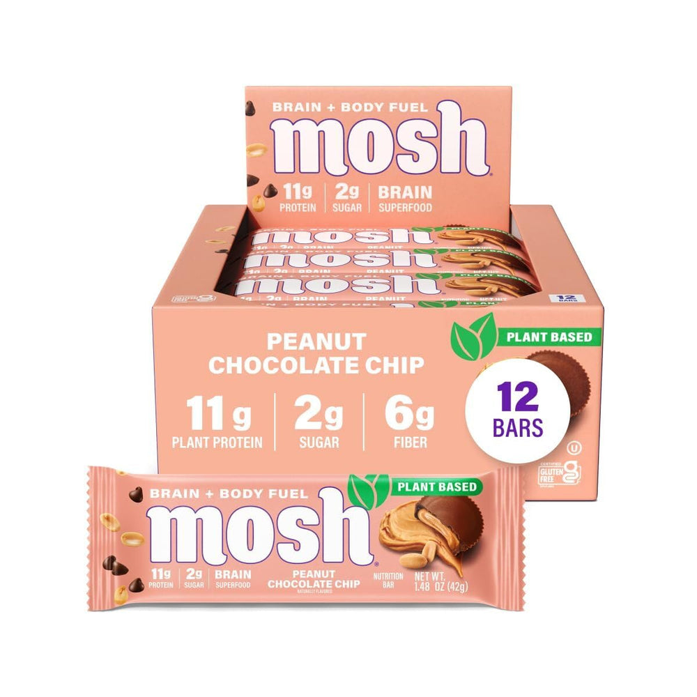 MOSH Peanut Chocolate Chip bar packaging highlights brain-friendly ingredients for on-the-go snacking.