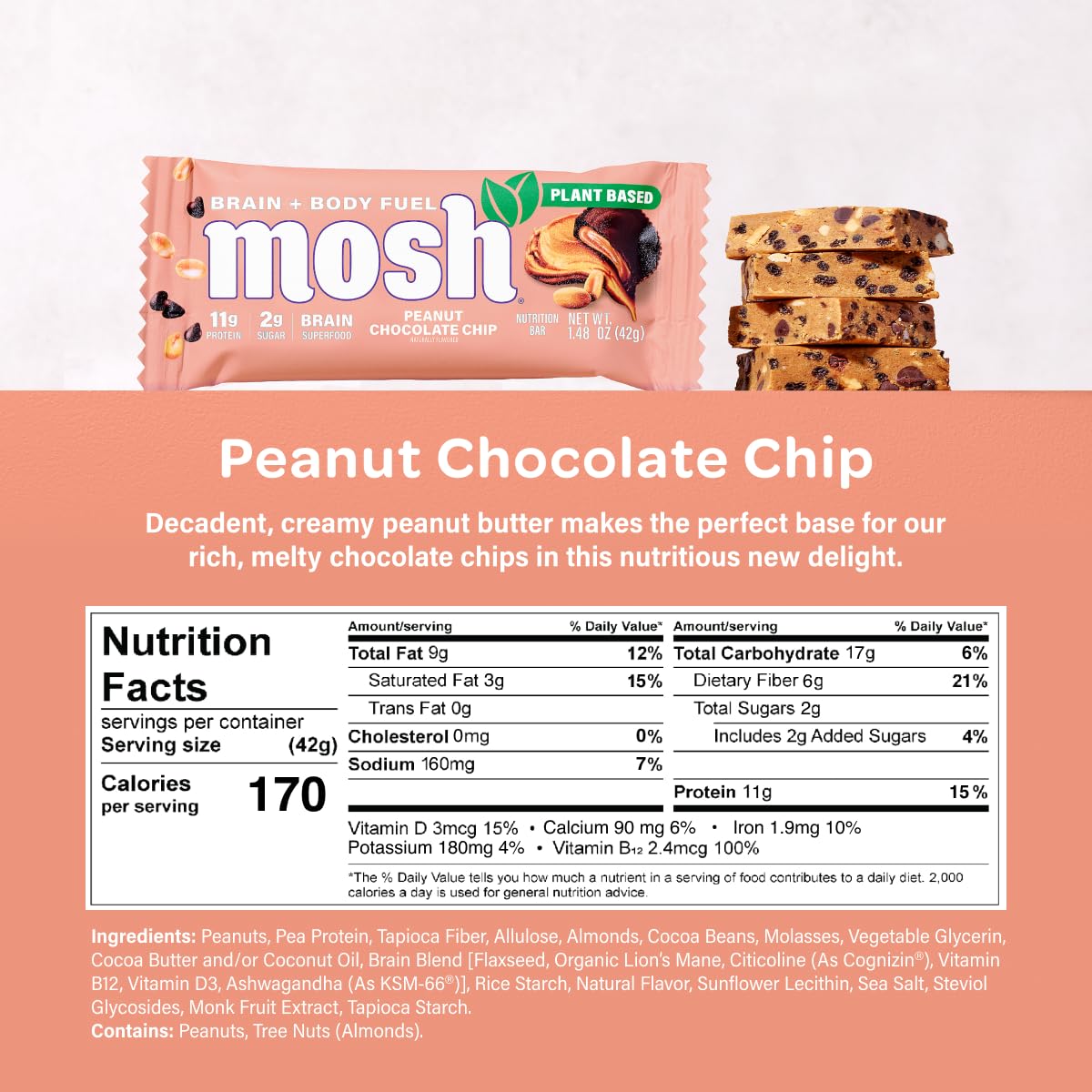 Close-up of MOSH bar texture shows creamy peanut butter and chocolate chips.