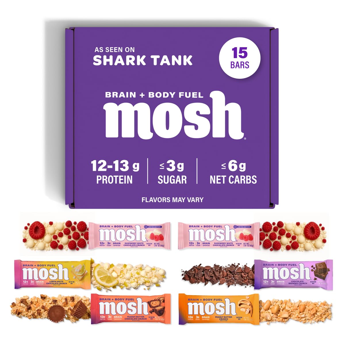 MOSH Variety Pack Keto Bars Box shows protein-packed, convenient snacking for busy days.