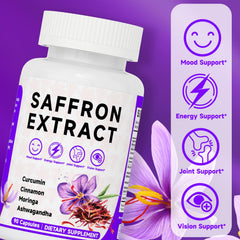 Mosslly Happy Saffron capsules closeup shows daily supplement format