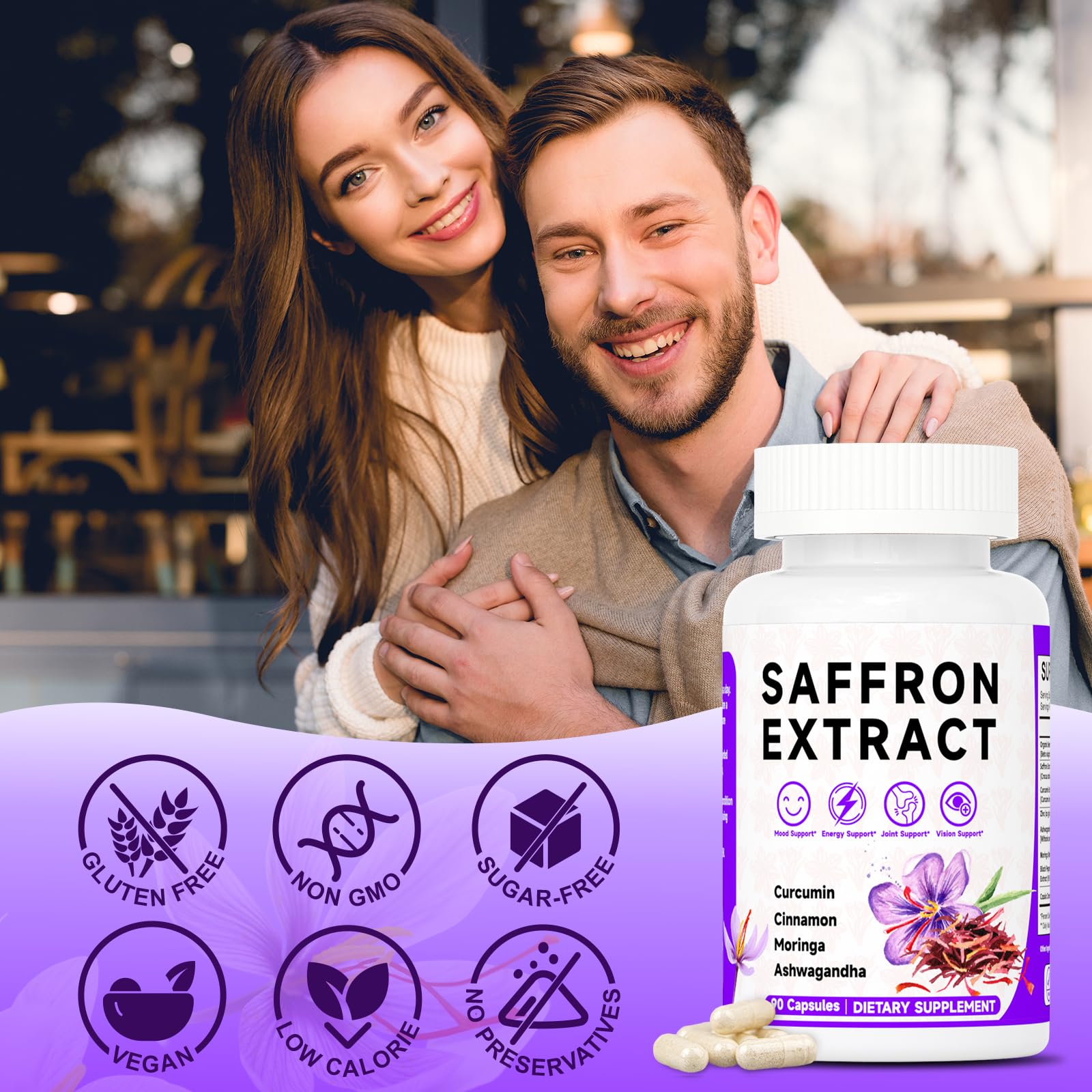 Mosslly Happy Saffron label detail shows 8-in-1 formula with Ashwagandha