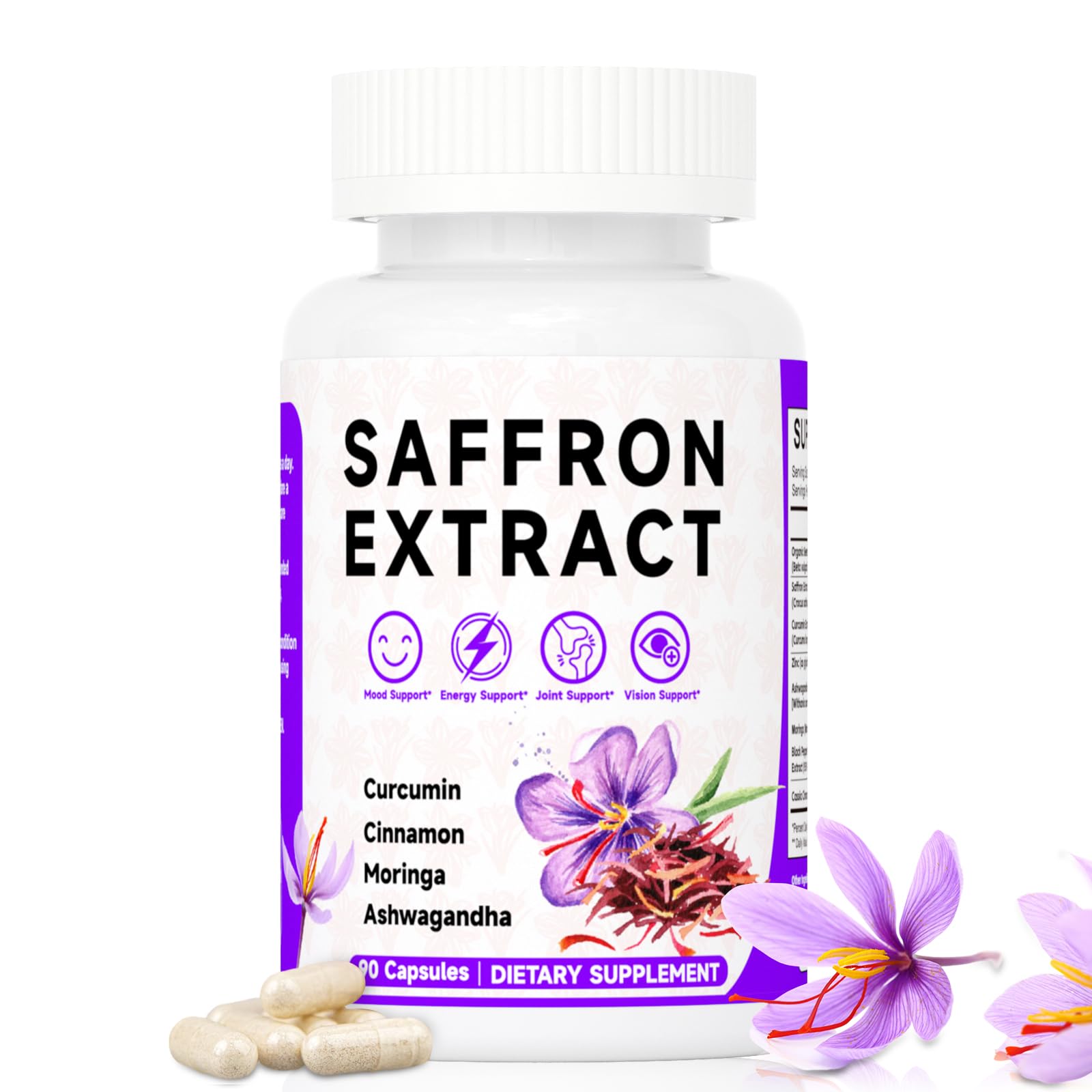 Mosslly Happy Saffron bottle front highlights mood support and a saffron blend